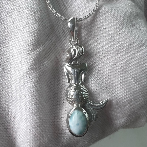 .925 Sterling Silver Natural Larimar Mermaid Silhouette Becklace - Picture 7 of 16
